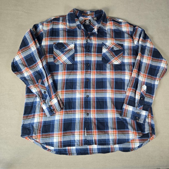 Timberland Mens XXL‎ Flannel Plaid Long Sleeve Shirt Blue Orange Casual Pocket - Picture 2 of 8
